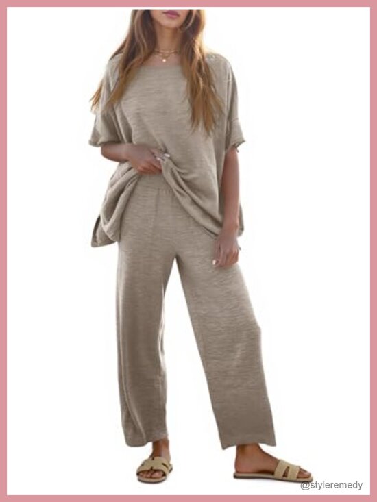 Other - 2 Piece Lounge Set Knit Tracksuit Wide Leg Pants Short Sleeve